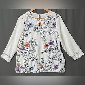 J. Jill Botanical Gardens Embroidered Linen Blend 3/4 Sleeve Blouse M